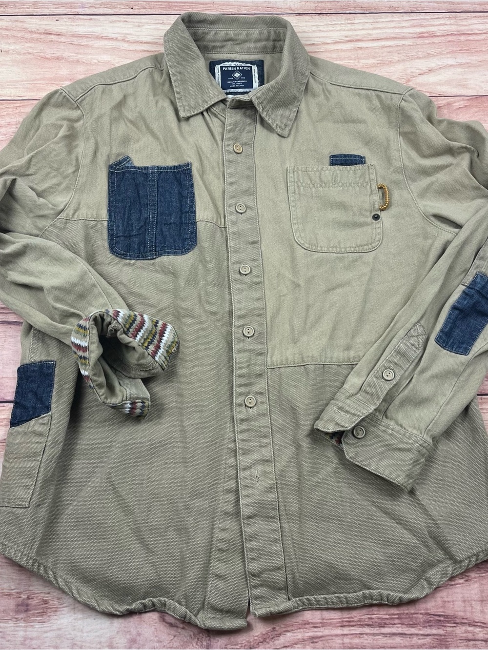 Parish Nation Men's L Long Sleeve Button Up Shirt Canvas Denim Patches Shooting*